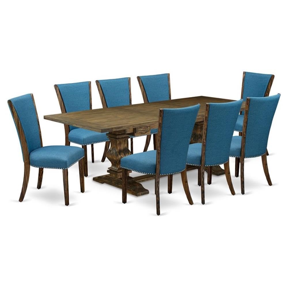East West Furniture Lave9-77-21 9 Piece Dining Table Set Includes A Rectangle Dining Room Table With Butterfly Leaf And 8 Blue Color Linen Fabric Parsons Chairs, 42X92 Inch, Jacobean